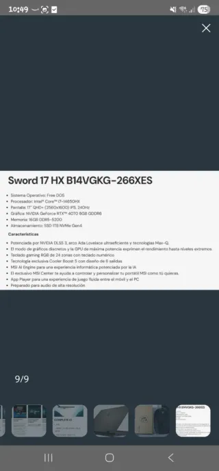 Portátil Gaming MSI Sword 17 HX RTX 4070 QHD+