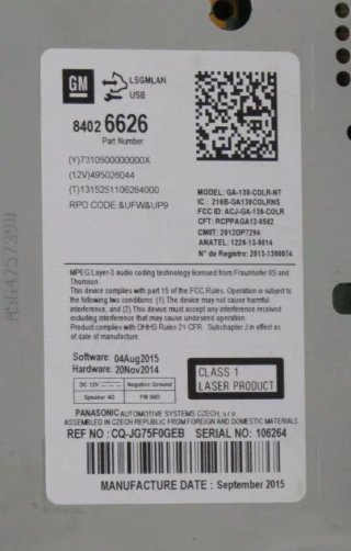 Sistema Audio/Radio CD OPEL (ASTRA MOKKA ZAFIRA) 84026626 1228-13-9014