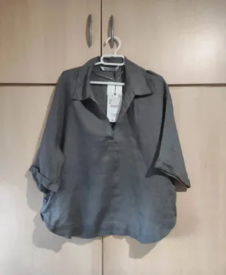 Blusa Zara Lino Verde Oliva Talla XS