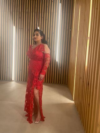 Vestido fiesta rojo perla y canutillo