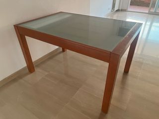 Mesa comedor extensible madera y cristal