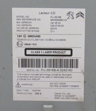 Sistema Audio / Radio CD CITROEN C4 / PEUGEOT 308 980559368002 039-3745-00