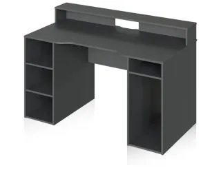 Escritorio gris con estanterías