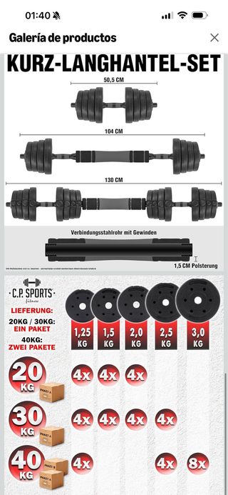 Juego Mancuernas y Barras 30kg C.P. Sports
