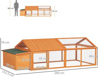 Gallinero Exterior de Madera de Abeto con Techo Abatible y Área de Nido, Gallinero con Rejilla Metálica y Puerta Grande, para 4-8 Gallinas, 240X112.5X76 Cm, Naranja
