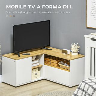 Mobile TV in L per TV da 40" con 3 ripiani aperti e 2 armadi, in truciolato, 90X90X45 cm, colore rovere e bianco