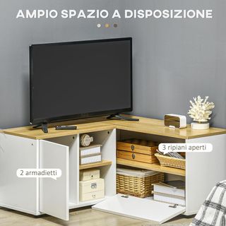 Mobile TV in L per TV da 40" con 3 ripiani aperti e 2 armadi, in truciolato, 90X90X45 cm, colore rovere e bianco