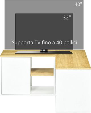 Mobile TV in L per TV da 40" con 3 ripiani aperti e 2 armadi, in truciolato, 90X90X45 cm, colore rovere e bianco