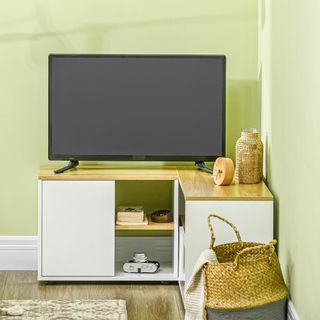 Mobile TV in L per TV da 40" con 3 ripiani aperti e 2 armadi, in truciolato, 90X90X45 cm, colore rovere e bianco