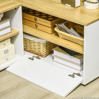 Mobile TV in L per TV da 40" con 3 ripiani aperti e 2 armadi, in truciolato, 90X90X45 cm, colore rovere e bianco