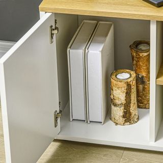 Mobile TV in L per TV da 40" con 3 ripiani aperti e 2 armadi, in truciolato, 90X90X45 cm, colore rovere e bianco