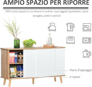Mobile da Cucina Credenza Moderna con Ripiani Regolabili e Ante Scorrevoli in MDF, 130X40X74.5Cm, Color Legno e Bianco