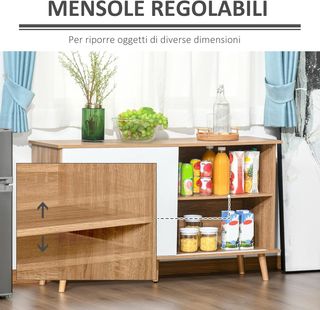 Mobile da Cucina Credenza Moderna con Ripiani Regolabili e Ante Scorrevoli in MDF, 130X40X74.5Cm, Color Legno e Bianco
