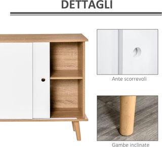 Mobile da Cucina Credenza Moderna con Ripiani Regolabili e Ante Scorrevoli in MDF, 130X40X74.5Cm, Color Legno e Bianco