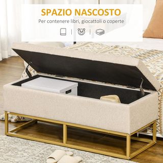 Banco Contenedor Rectangular Con Asiento Acolchado Y Patas De Acero, Puff Reposapiés En Tejido Efecto Lino Para Dormitorio Y Sala De Estar, 110X44X49 Cm, Beige