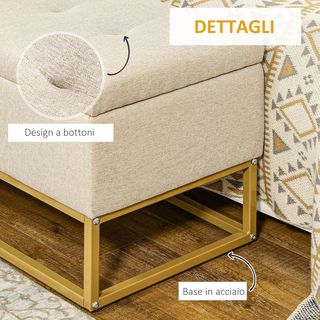 Banco Contenedor Rectangular Con Asiento Acolchado Y Patas De Acero, Puff Reposapiés En Tejido Efecto Lino Para Dormitorio Y Sala De Estar, 110X44X49 Cm, Beige