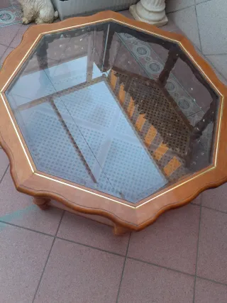 Mesa de centro octogonal madera y cristal