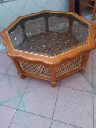 Mesa de centro octogonal madera y cristal