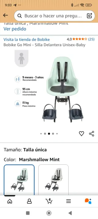 Asiento bici niño/a hasta 3 años