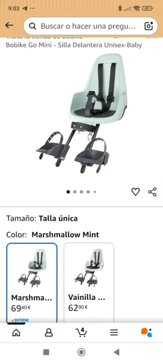 Asiento bici niño/a hasta 3 años