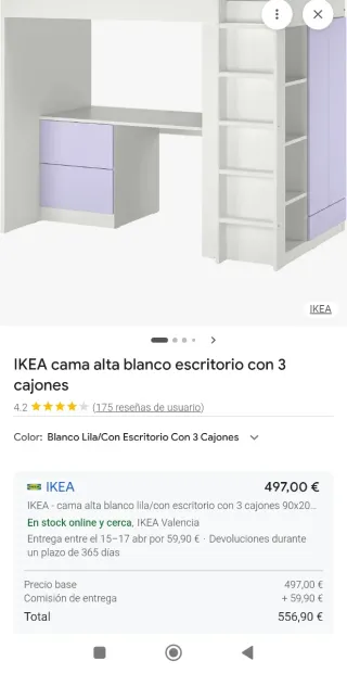 Cama alta con escritorio y armario