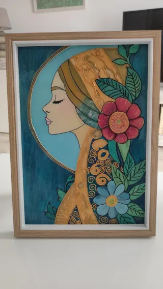 Cuadro Pintura Vidrio Mujer Flores