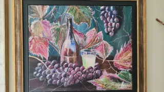 Cuadro al óleo: Bodegón con uvas y vino enmarcado