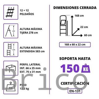Escalera Telescópica Aluminio 6+6 Pestaña