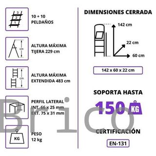 Escalera Telescópica Aluminio 5+5 Pestaña