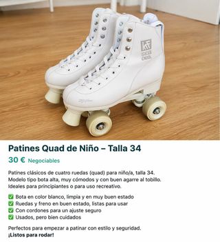 Patines Quad Niña Talla 34 Blancos