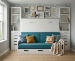 CAMA ABATIBLE CON SOFA Y ARMARIOS.