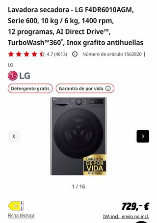 Lavadora Secadora LG F4DR6010AGM 10kg/6kg