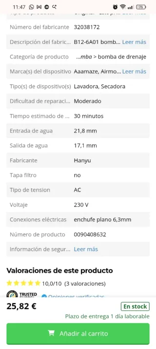 Bomba de drenaje Vestel 32038172