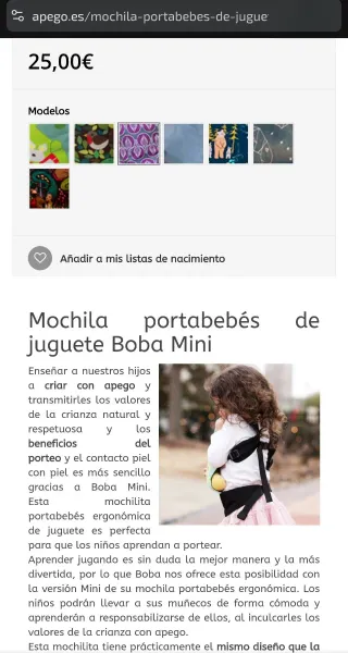 Mochila Portabebés Boba Mini Juguete