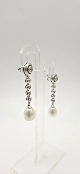 Pendientes Oro Blanco Perla Diamantes Desmontables