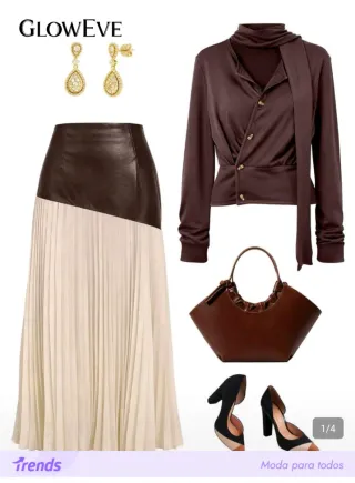 Falda y Blusa Beige y Marrón