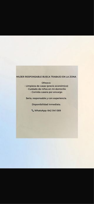 Limpieza, cocina por encargo y cuidado de niños.