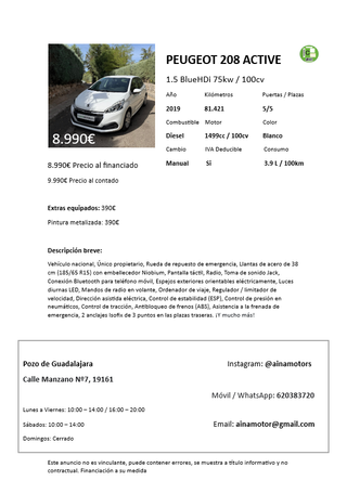 ✅Peugeot 208 2019 1.5HD 100Cv Diesel IVA DEDUCIBLE