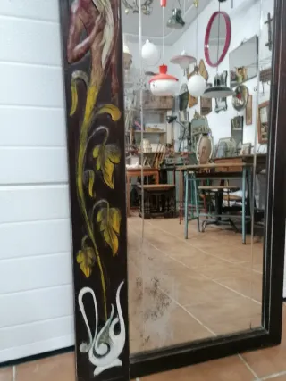 Espejo Antiguo Modernista Madera y Cristal