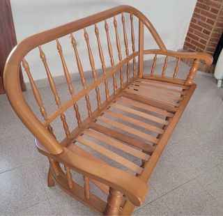 Conjunto sofá y 2 sillones madera y tela