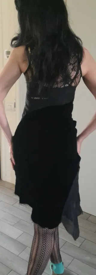 Abito lungo nero misto seta e pizzo