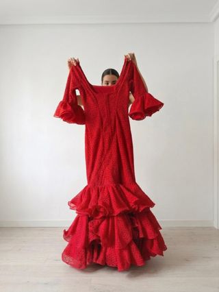 Vestido Flamenca Rojo Bordado Talla 36