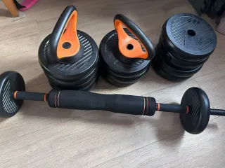 Torre dominadas, banco de musculación y pesas