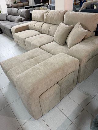 Sofá chaise longue beige extensible + 4 taburetes