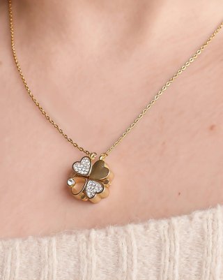 Collar Trébol Corazónes 2 en 1 Baño Oro.