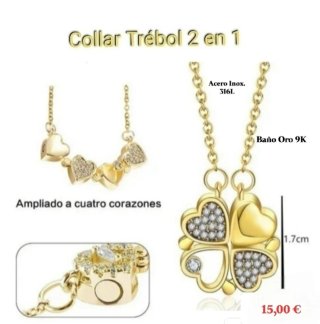 Collar Trébol Corazónes 2 en 1 Baño Oro.