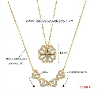 Collar 2 en 1 Corazónes Trébol Baño Oro.