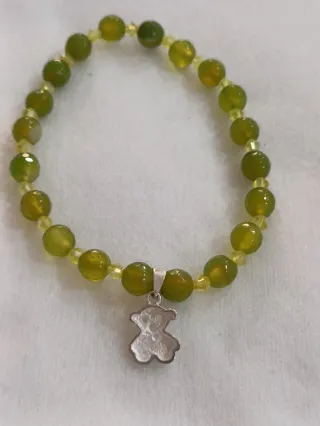Pulsera elástica plata osito ágatas verdes