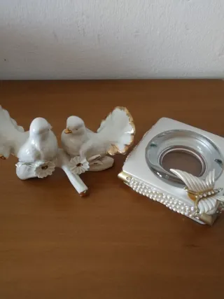 Set ceramica 2 uccelli e posacenere/ porta candela
