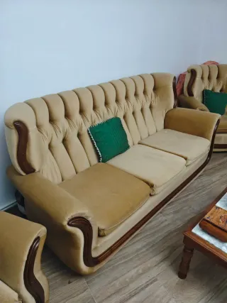 Conjunto Sofá y 2 Sillones Tela y Madera